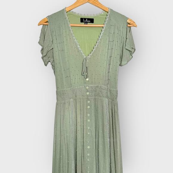 Lulus Sage Green Swiss Dot Maxi Dress XXS Button Front V-Neck Cottagecore - Picture 4 of 9